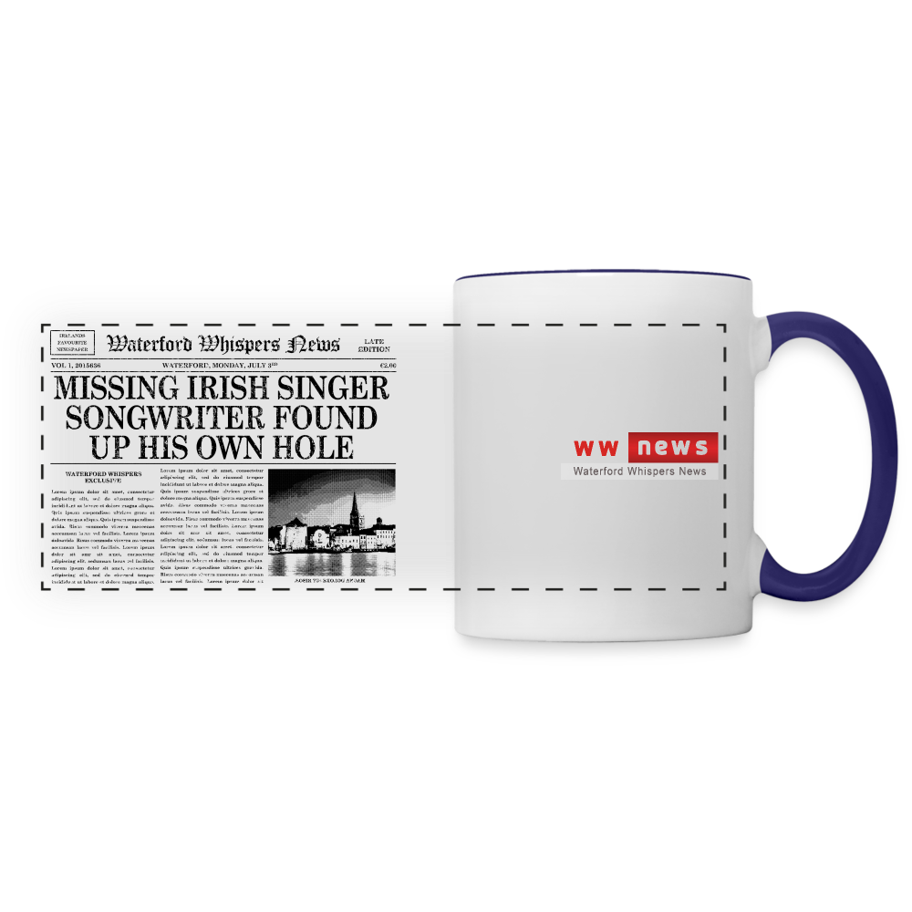 Missing Irish Singer Songwriter Found Up His Own Hole - WWN Mug - white/cobalt blue